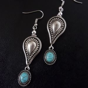 Silvertone Teardrop & Turquoise Earrings